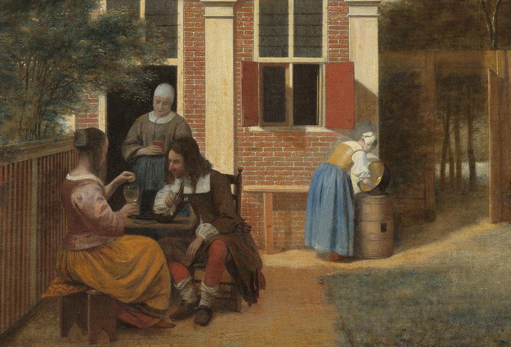 Pieter de Hooch,  detail 'Three women and a man in a yard behind a house' c1663–65 oil on canvas, 60 x 45.7 cm, ©courtesy of Rijksmuseum, (A van der Hoop Bequest)